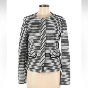 Helene London Navy Cream Black Stripe Cotton Tweed Blazer Jacket Size M Medium